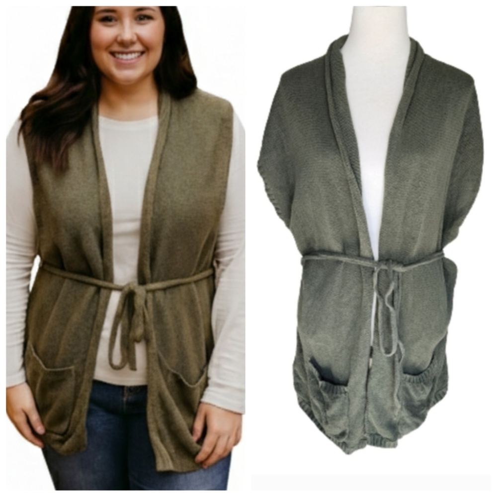 Eddie Bauer green short sleeve cardigan sweater with belt women's size Large